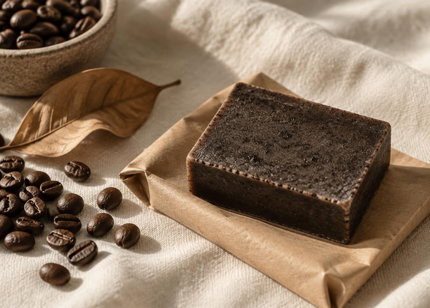 Handmade coffee soap bar on brown kraft paper with coffee beans