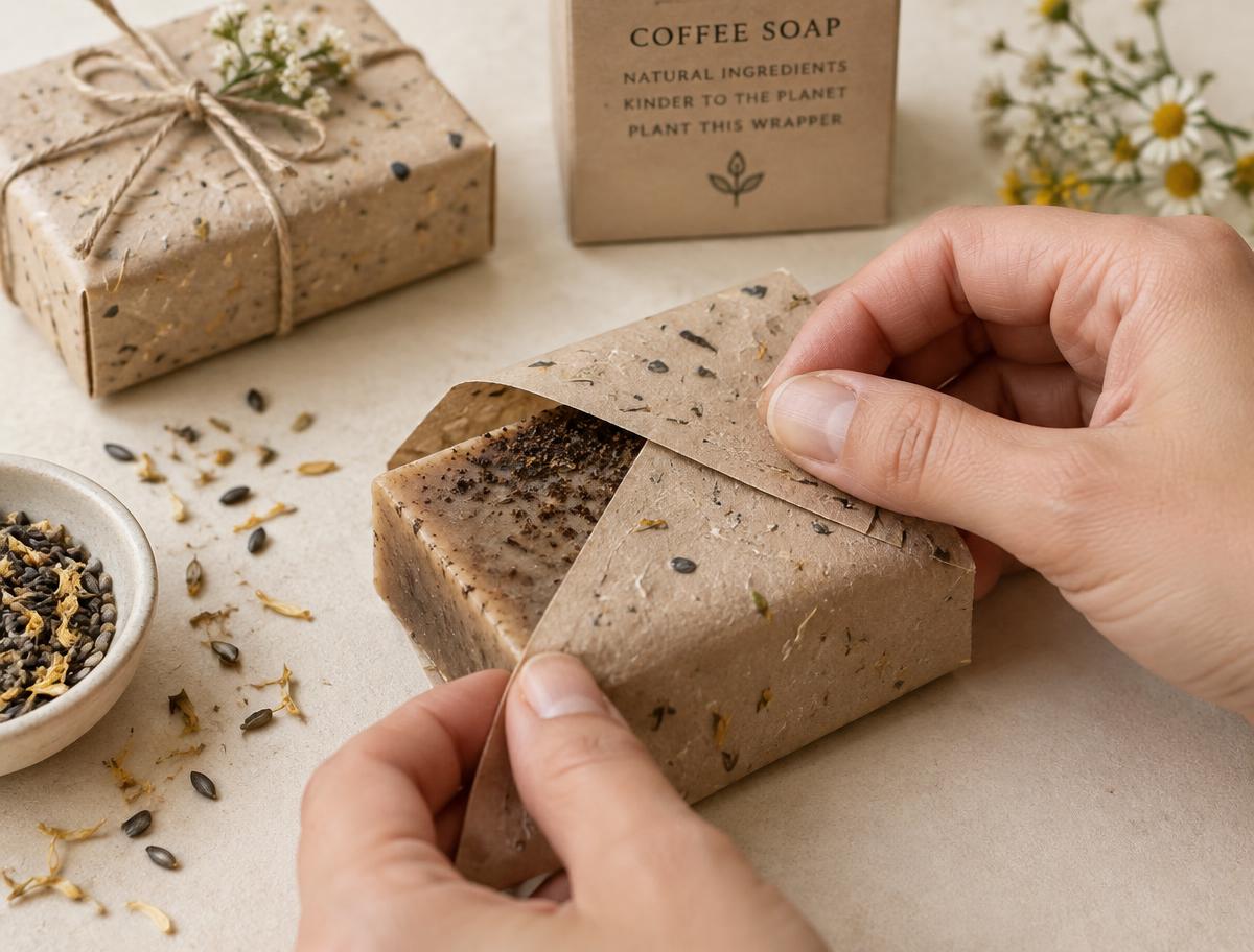 Hands wrapping a coffee soap in seeded plantable brown paper