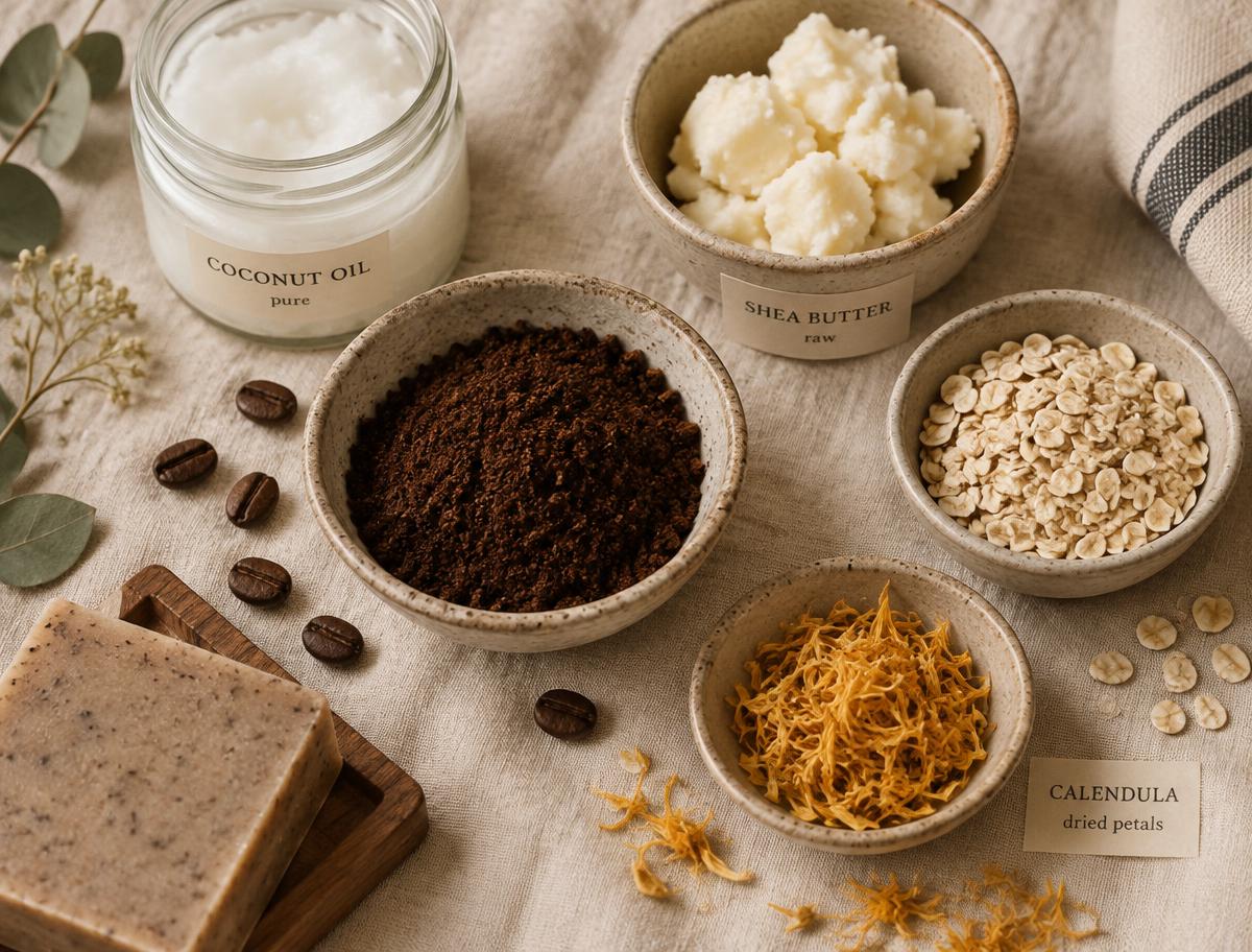 Coffee soap ingredients: ground coffee, coconut oil, shea butter, oats and calendula